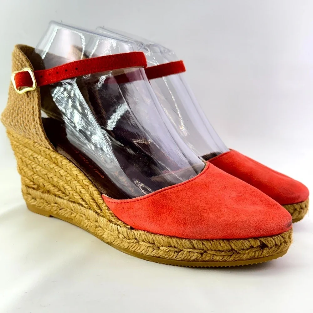 Gaimo Espadrilles Wedge Sandals Womens Size 38 Coral Suede Slingback Ankle Strap